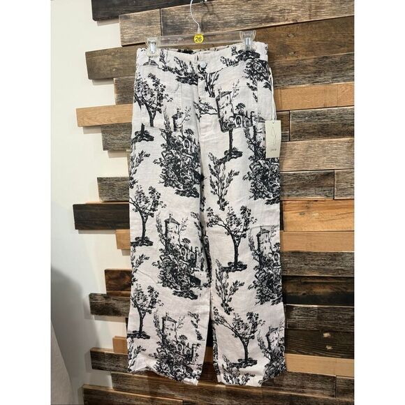 Joie NWT Pants Wide Leg Linen Tree Printed Ivory/Black Pockets sz 8 - Picture 1 of 9